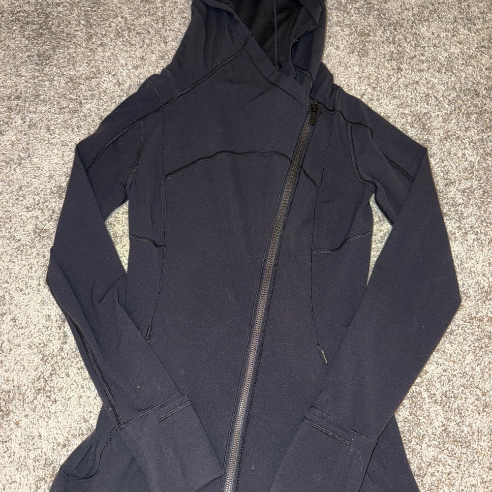 Black Hooded Jacket with Asymmetrical Zipper